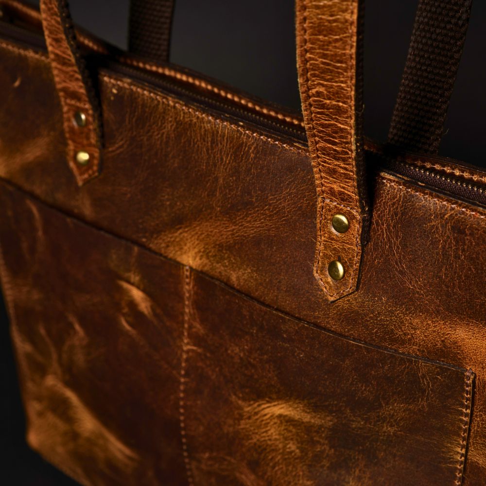 Classic Cognac Leather Tote Bag - Www.Shopthatapp.ca