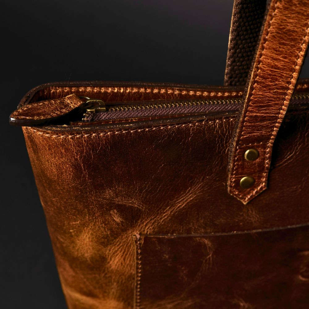 Classic Cognac Leather Tote Bag - Www.Shopthatapp.ca