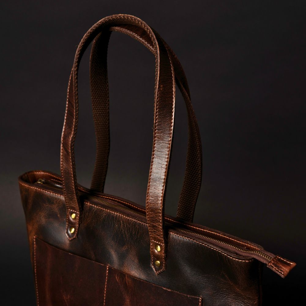Classic Brown Leather Tote Bag - Www.Shopthatapp.ca