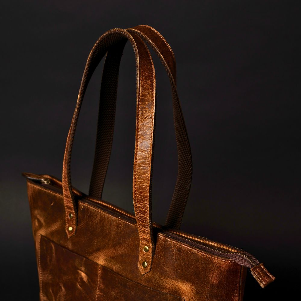 Classic Cognac Leather Tote Bag - Www.Shopthatapp.ca