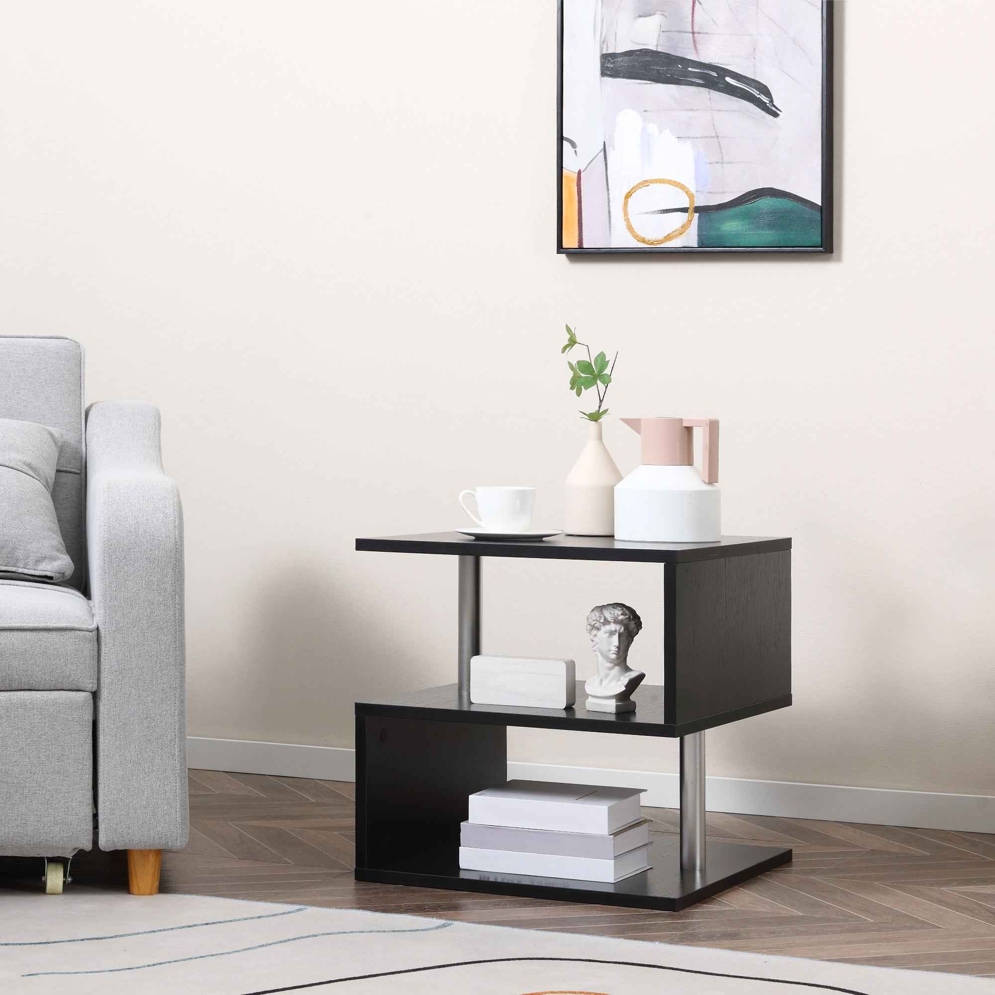 Caelan Wooden S Shape End Table with 3 Tier Storage Shelves-Black