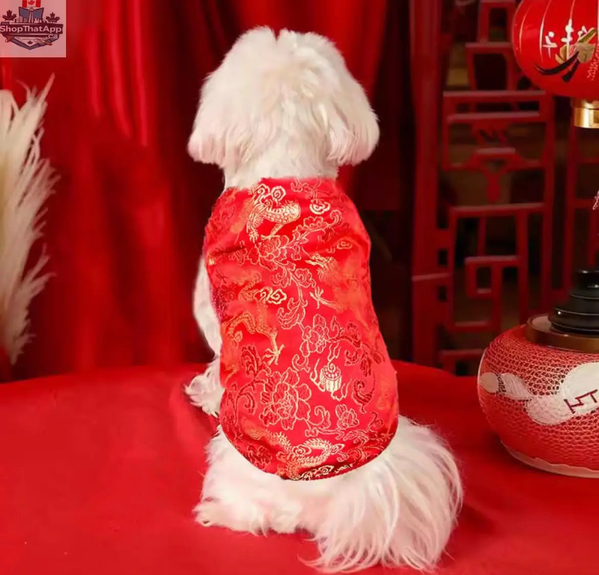 Lucky Bloom Chinese New Year Dog Shirt | Red & Gold Cheongsam-Inspired Top - Shopthatapp.ca