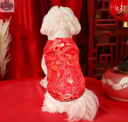 Lucky Bloom Chinese New Year Dog Shirt | Red & Gold Cheongsam-Inspired Top - Shopthatapp.ca