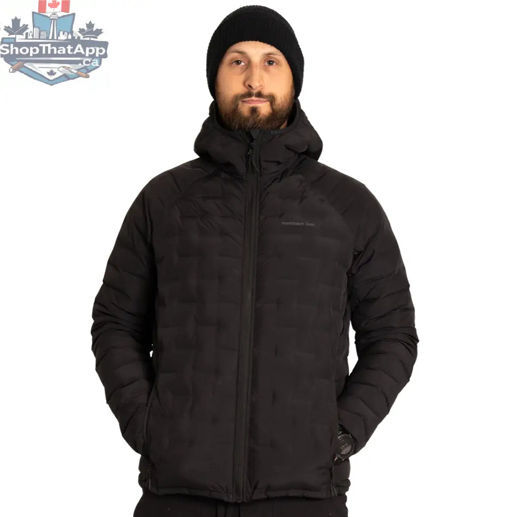 Black Dawson down jacket by Northern Sun, showing a cropped, insulated winter jacket with a hood and zipper closure.