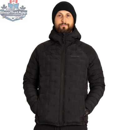 Black Dawson down jacket by Northern Sun, showing a cropped, insulated winter jacket with a hood and zipper closure.