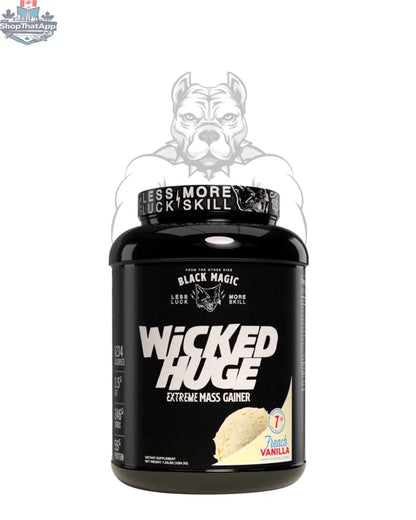 Black Magic Extreme Mass Gainer protein powder by BulkBully Supplements in a black container, designed for muscle growth.