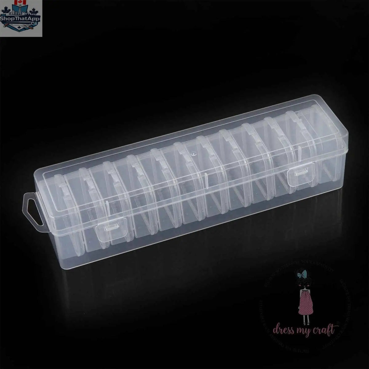 Ecstasy Crafts Dress My Craft 12-in-1 Slimline Storage Box organizer for craft supplies, featuring multiple compartments for organization.