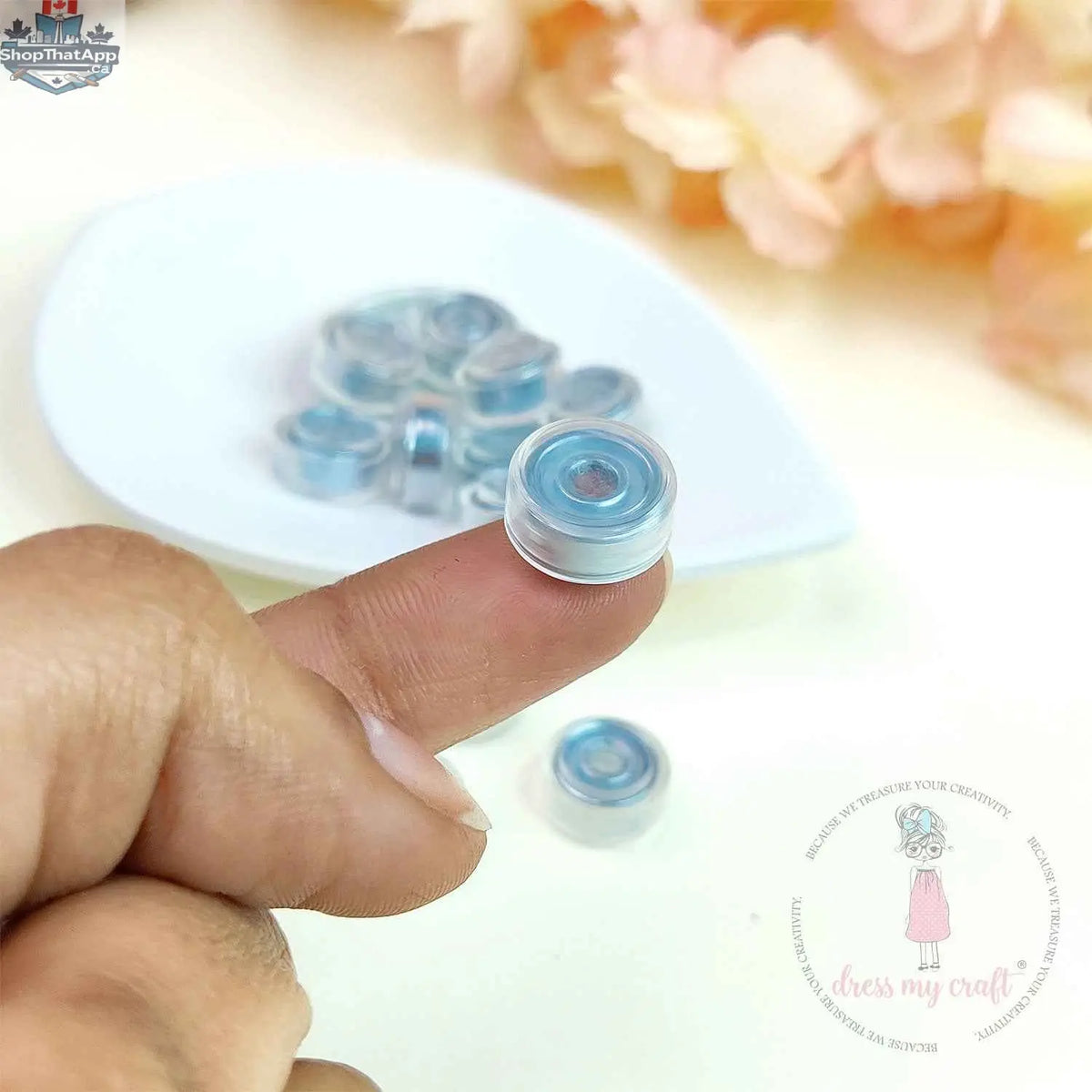 Transparent spinners embellishments by Dress My Craft, Ecstasy Crafts, in various sizes for creative craft projects.
