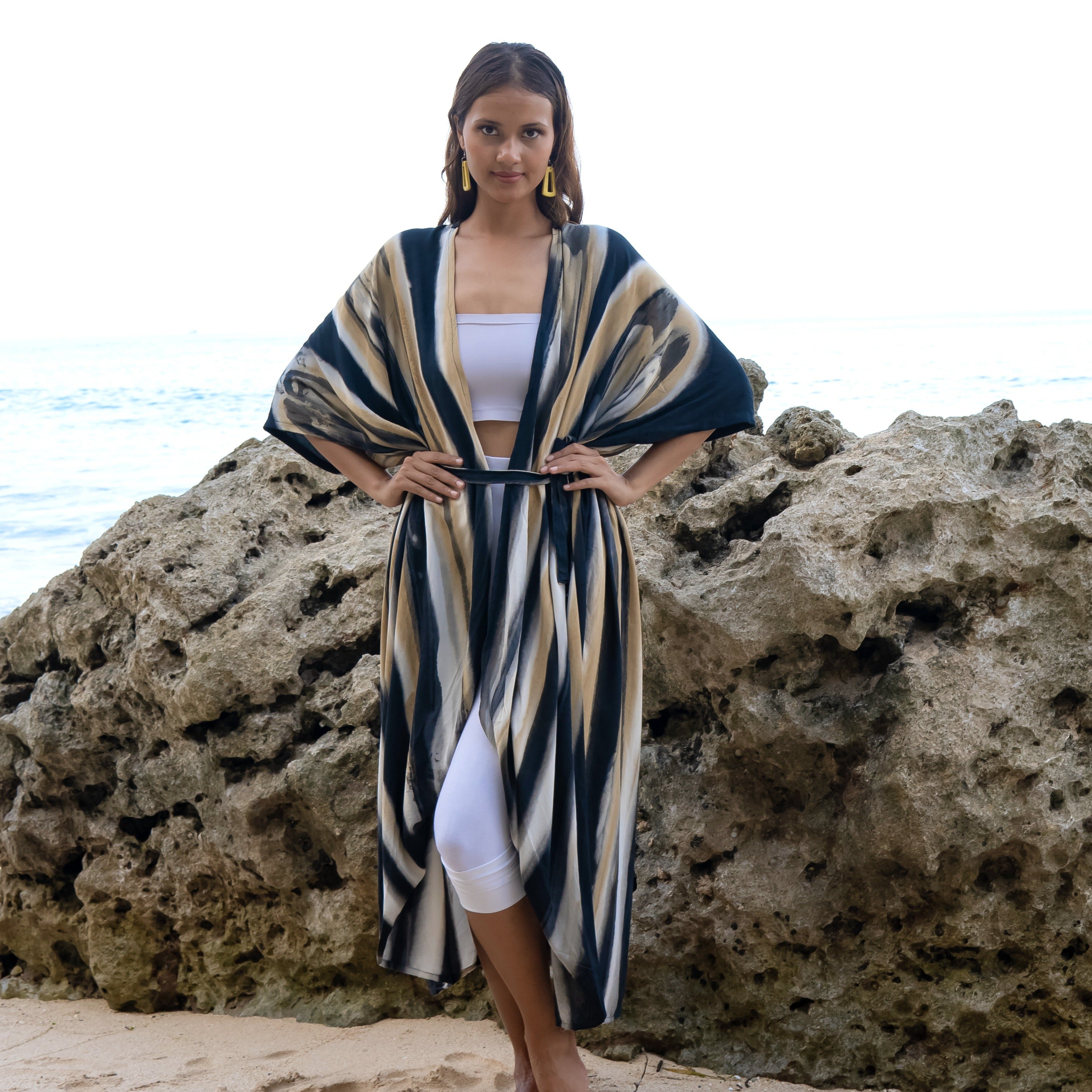 Bold Abstract Tie Dye Kimono in Grey & Gold - Stylish Versatile Fashion Piece - Shopthatapp.ca