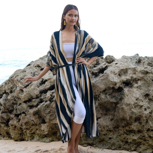 Suzie Blue Canada bold abstract tie-dye kimono in grey and gold, featuring a stylish, versatile fashion piece with flowing fabric.