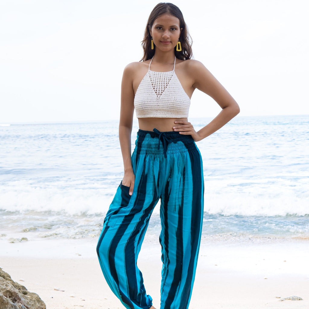 Bold Abstract Tie Dye Pants in Teal & Black for Boho Chic Style - Shopthatapp.ca