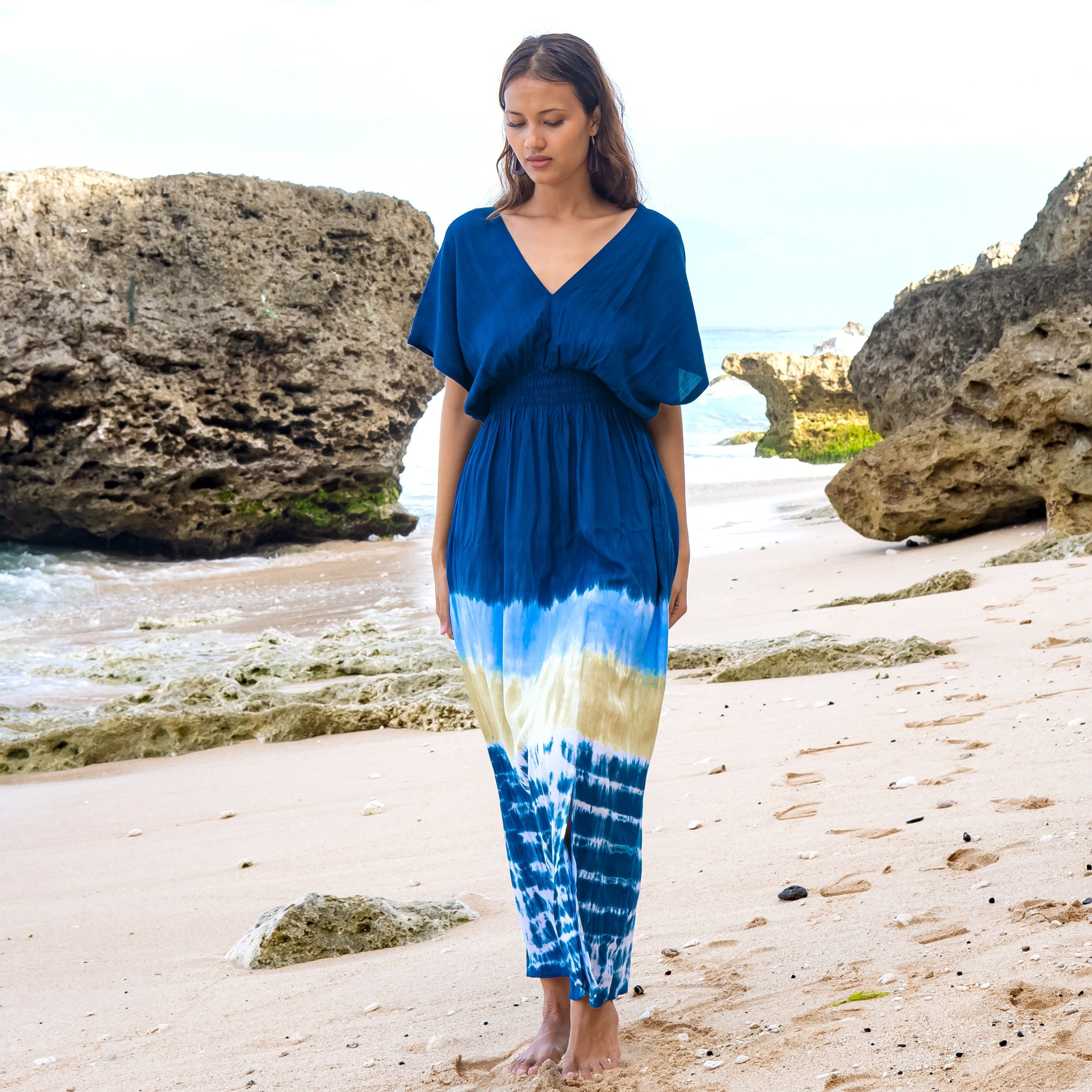 Beach Stripe Tie Dye Maxi Dress in Navy - Shopthatapp.ca