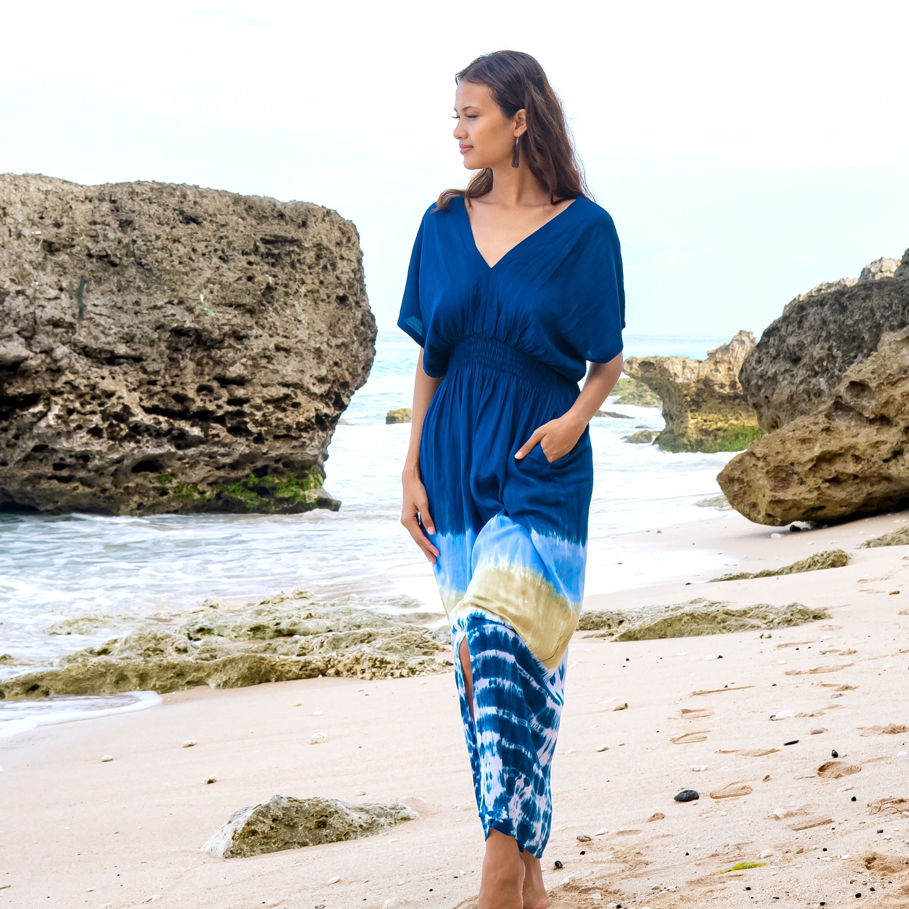 Beach Stripe Tie Dye Maxi Dress in Navy - Shopthatapp.ca