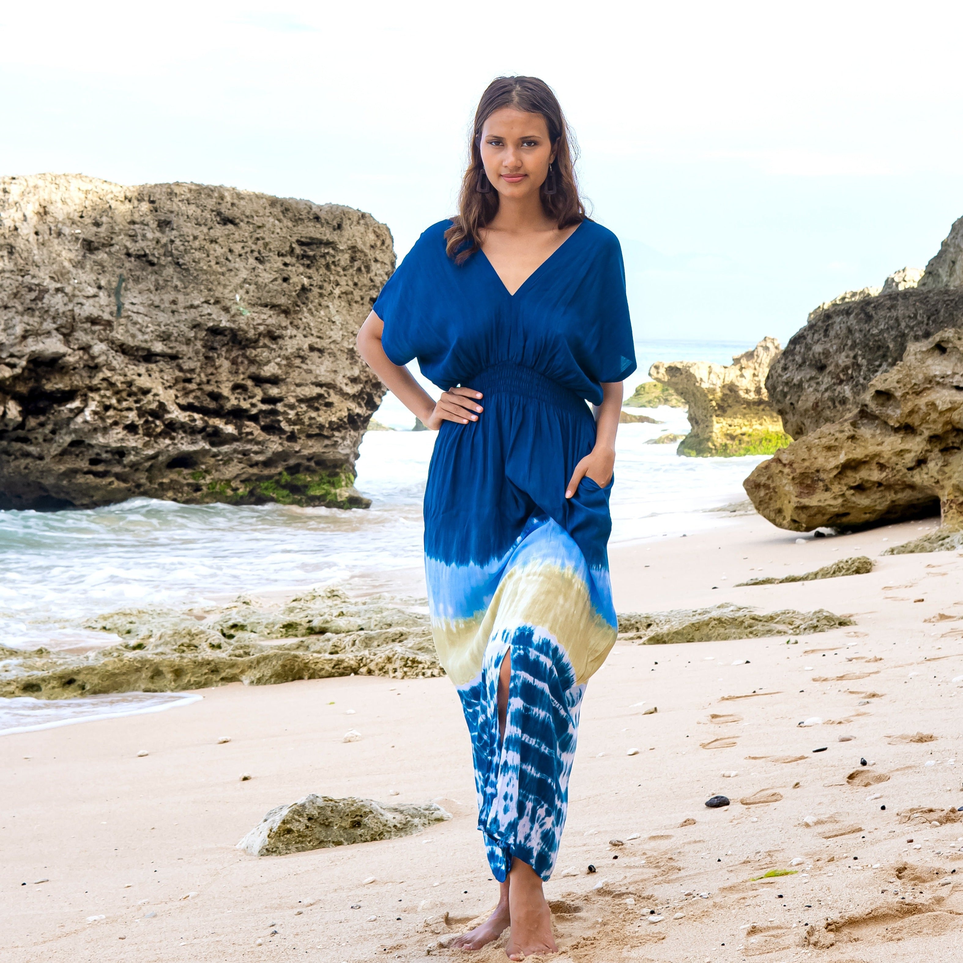 Beach Stripe Tie Dye Maxi Dress in Navy - Shopthatapp.ca