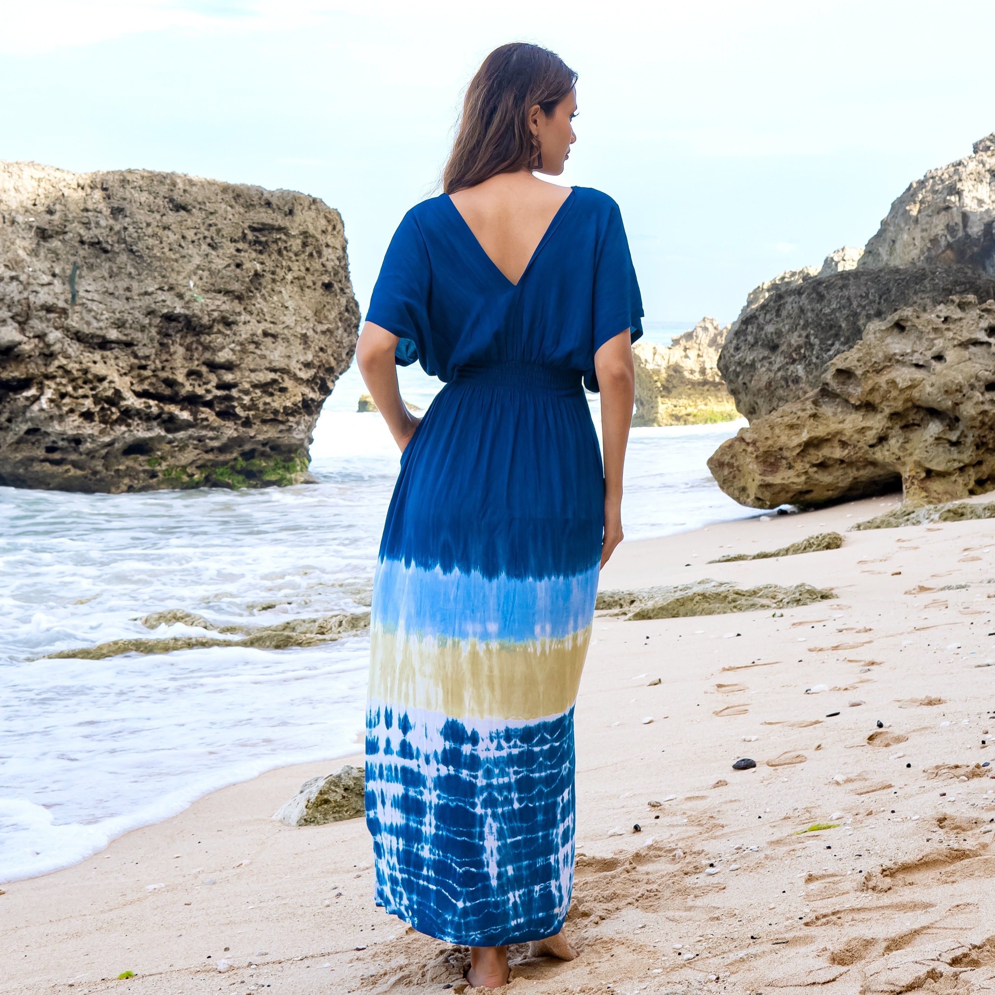 Beach Stripe Tie Dye Maxi Dress in Navy - Shopthatapp.ca