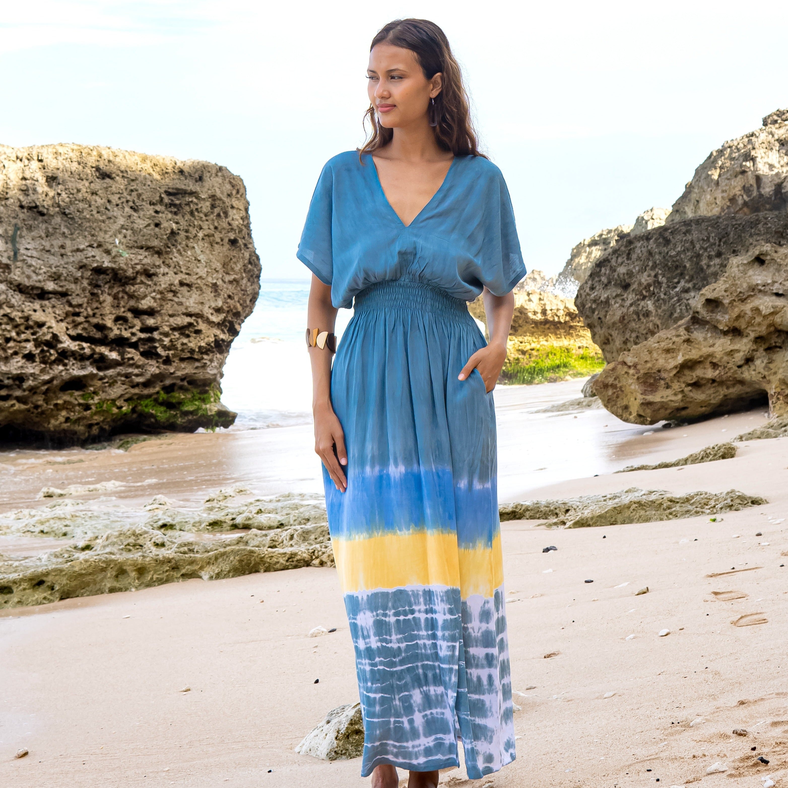 Beach Maxi Dress Grey - Tie Dye & Stripe Design for Effortless Summer Style - Shopthatapp.ca