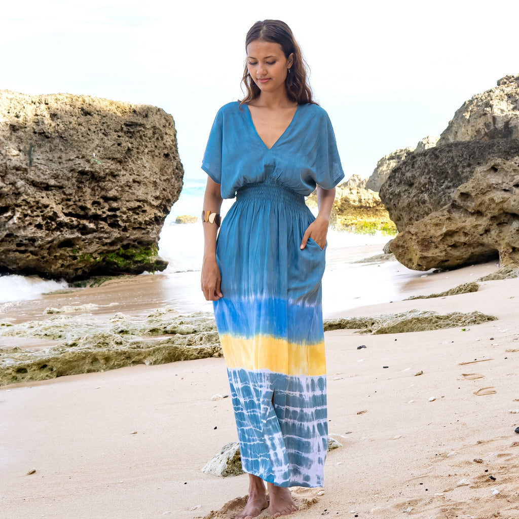 Beach Maxi Dress Grey - Tie Dye & Stripe Design for Effortless Summer Style - Shopthatapp.ca