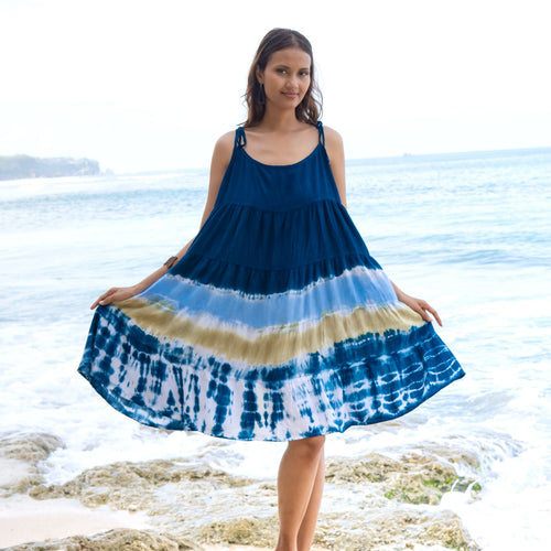 Beach Stripe Tie Dye Dress - Navy Short Tiered Style - Shopthatapp.ca