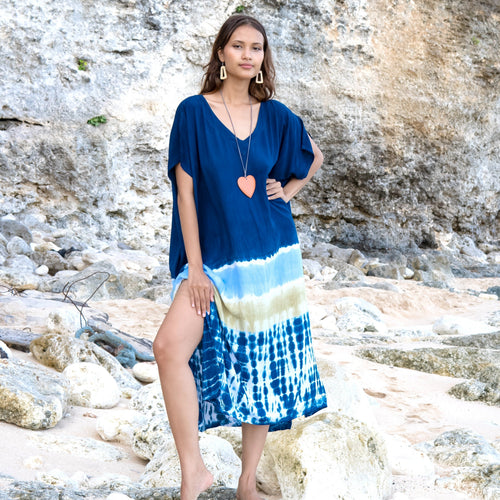 Beach Kaftan Blue - Stripe & Tie Dye Design for Summer Escape - Shopthatapp.ca