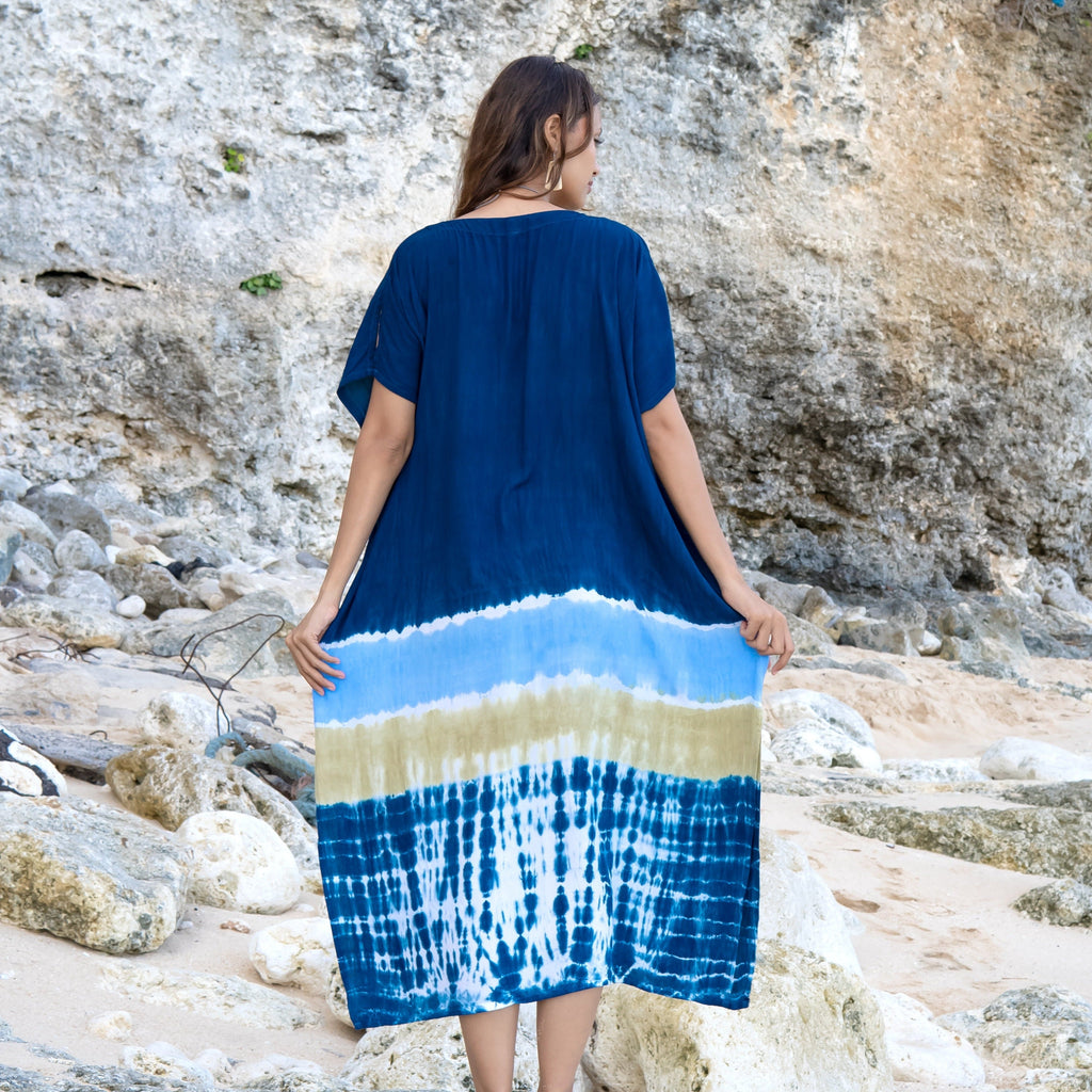 Beach Kaftan Blue - Stripe & Tie Dye Design for Summer Escape - Shopthatapp.ca