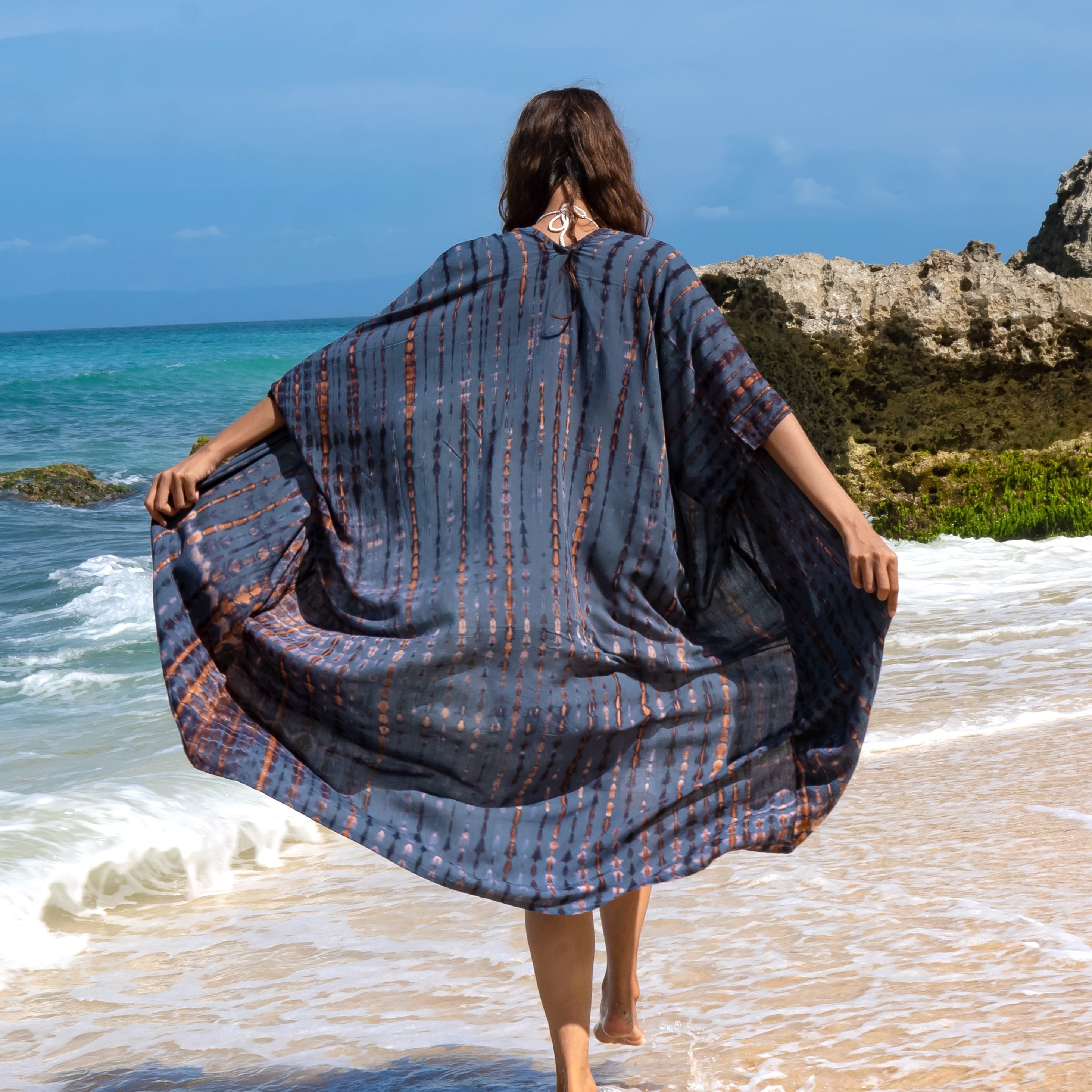 Long Denim Kimono in Denim & Gold Tie Dye - Shopthatapp.ca