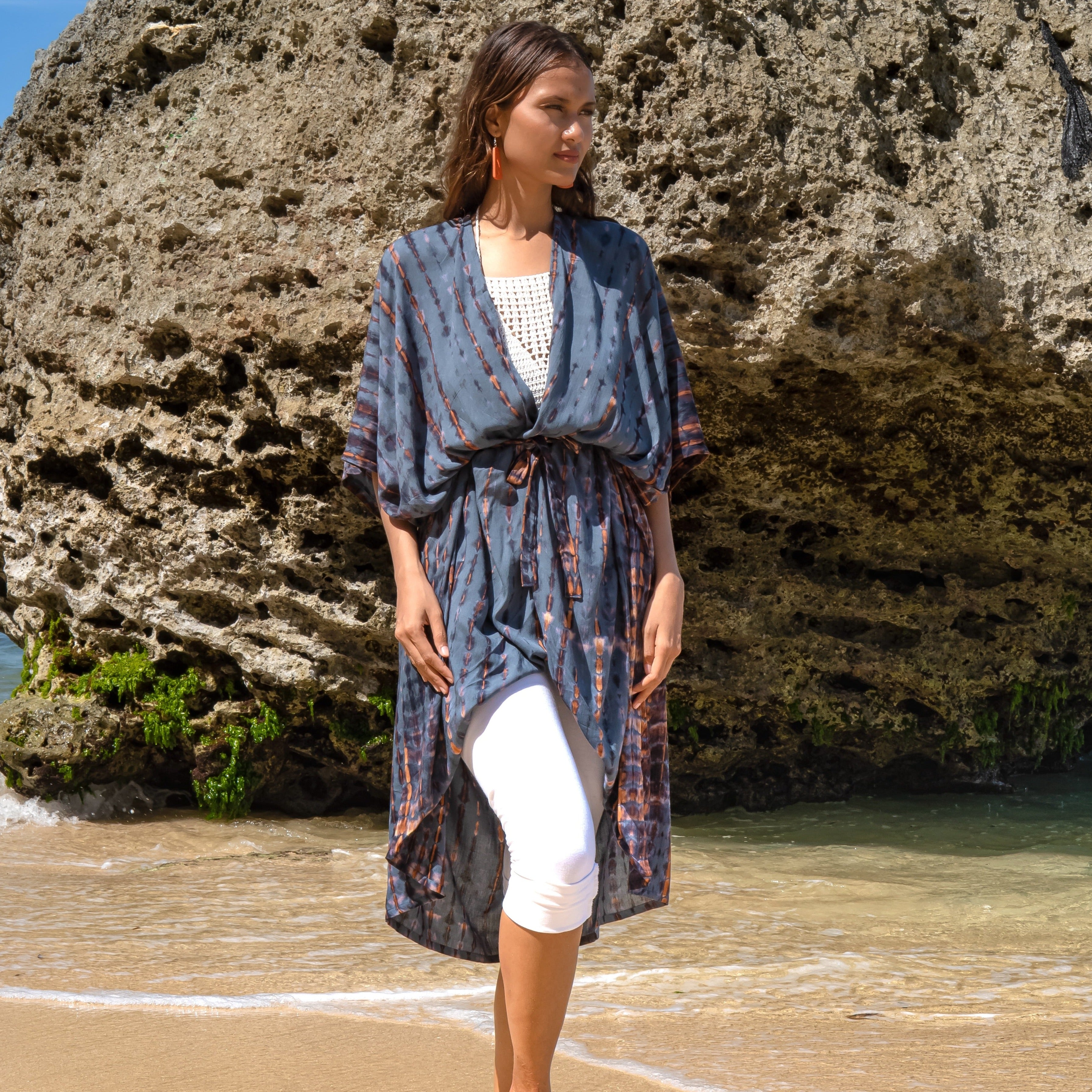 Long Denim Kimono in Denim & Gold Tie Dye - Shopthatapp.ca