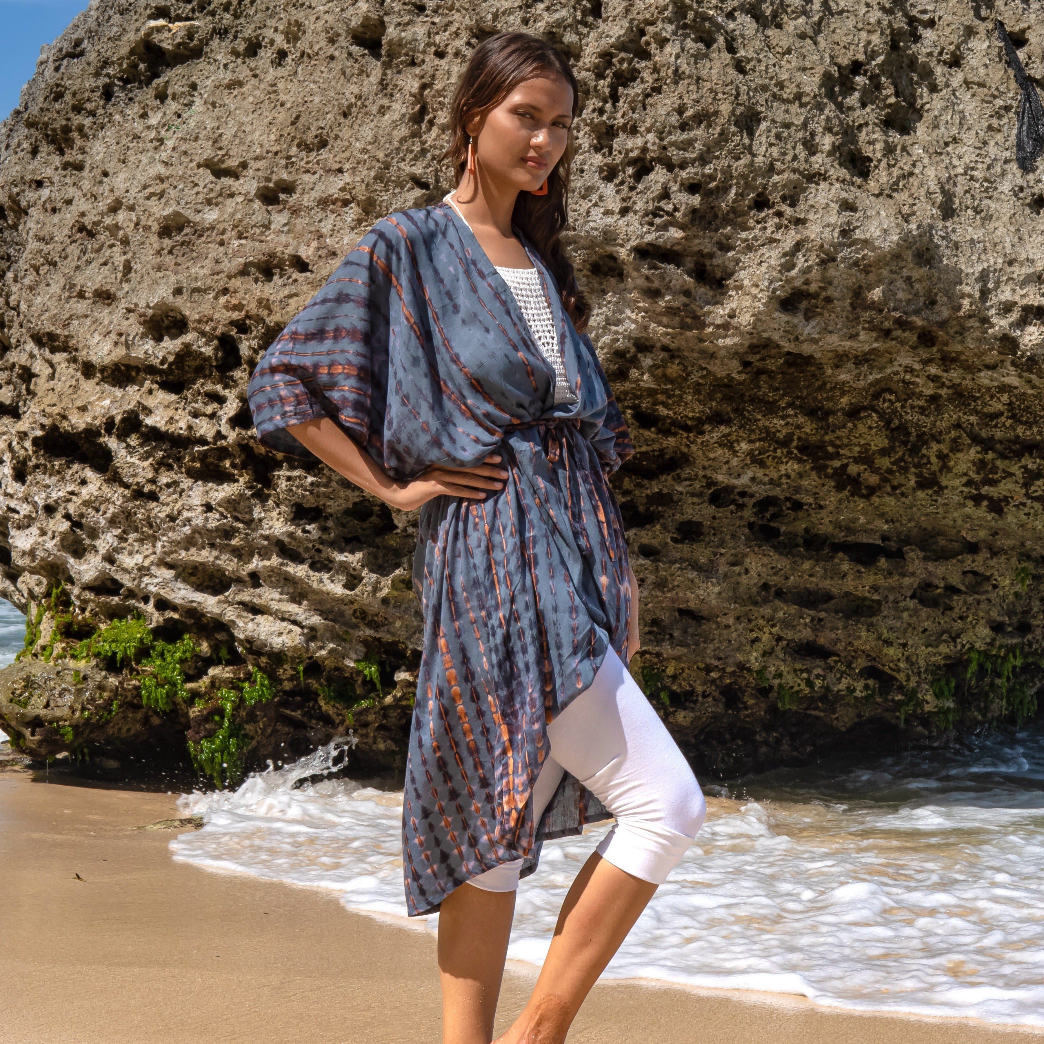 Long Denim Kimono in Denim & Gold Tie Dye - Shopthatapp.ca