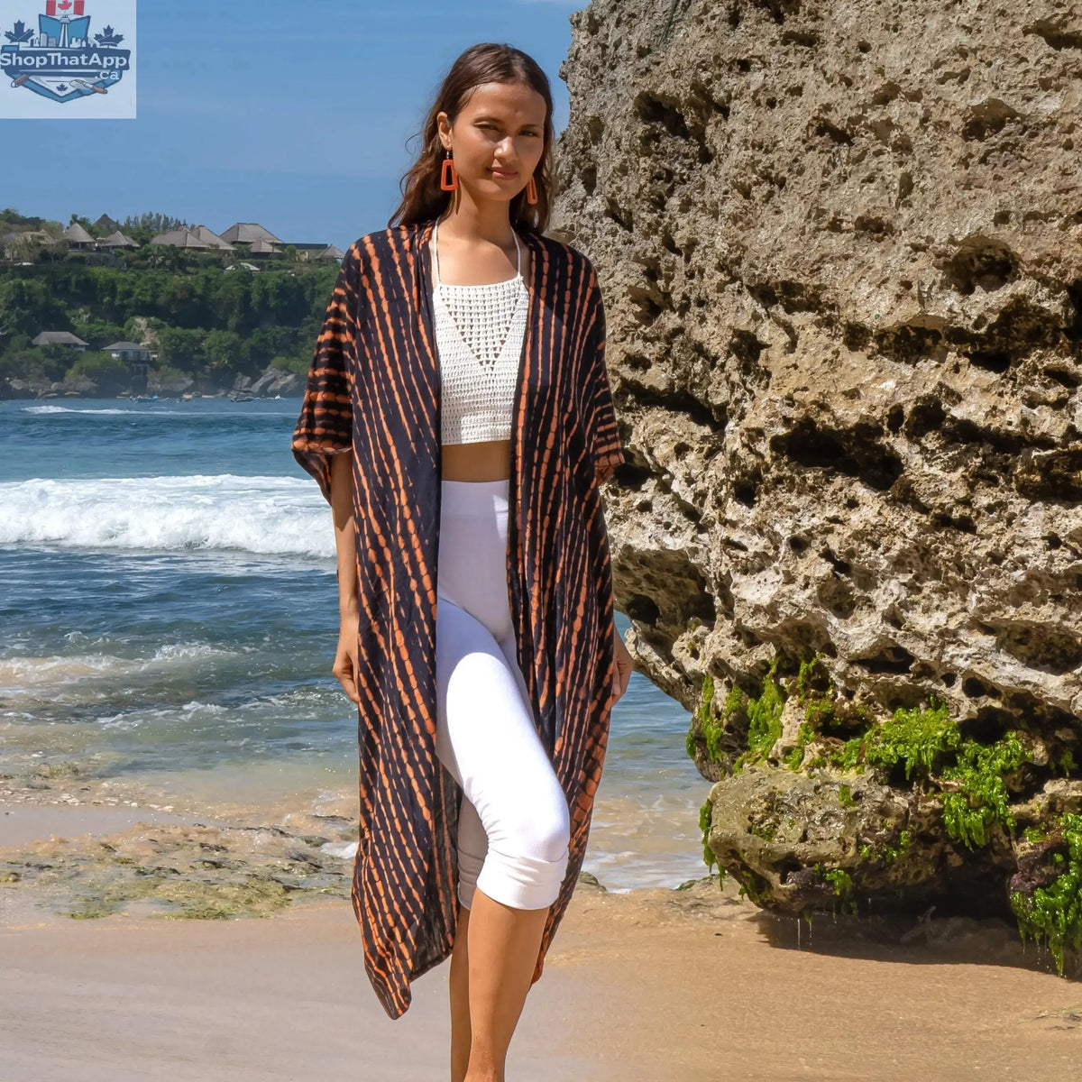 Orange and black tie-dye kimono by Suzie Blue Canada, long kimono with stylish, flowing fabric and tie front design.