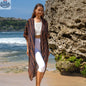 Orange and black tie-dye kimono by Suzie Blue Canada, long kimono with stylish, flowing fabric and tie front design.