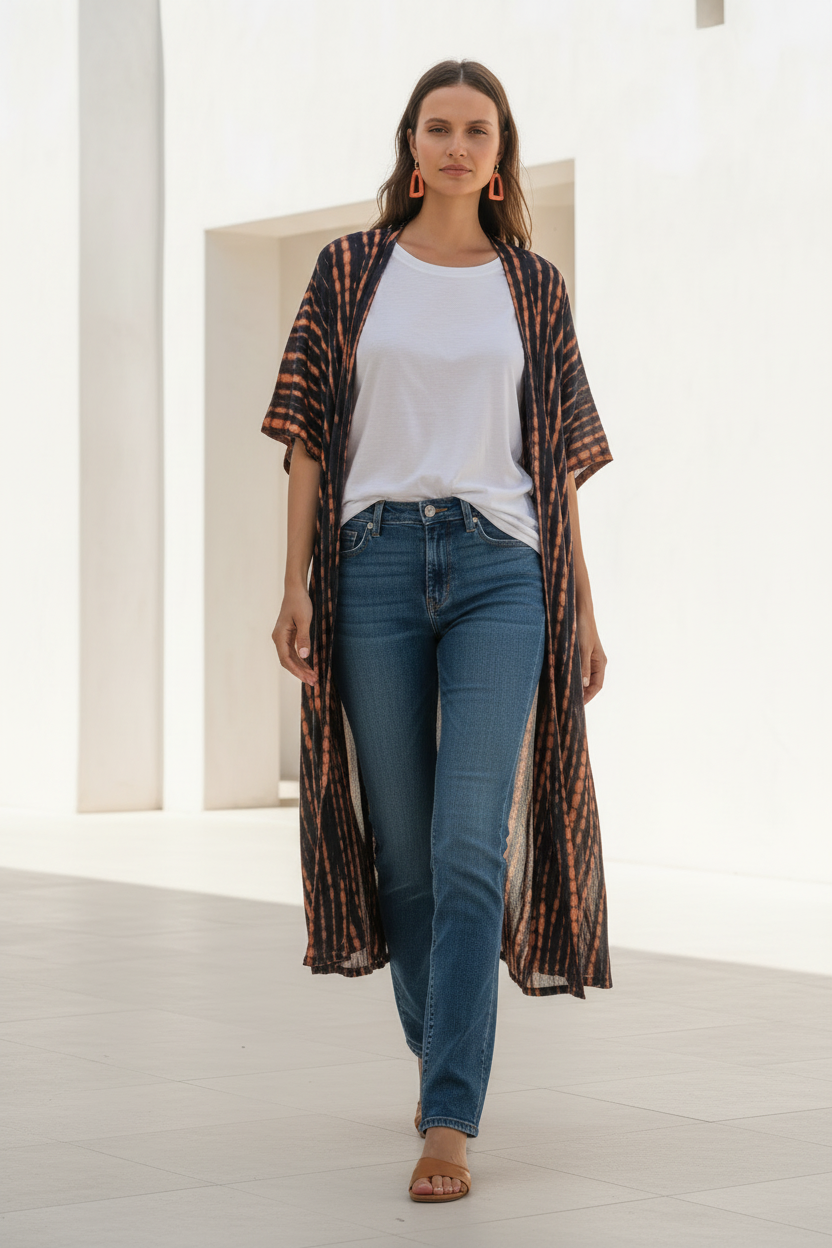 Long Kimono Tie Dye Orange Black - Essential Stylish Fashion Piece - Shopthatapp.ca