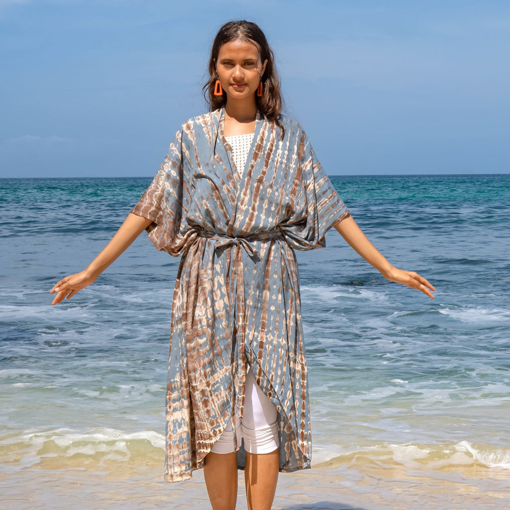 Long Kimono Tie Dye in Tan & Grey - Shopthatapp.ca