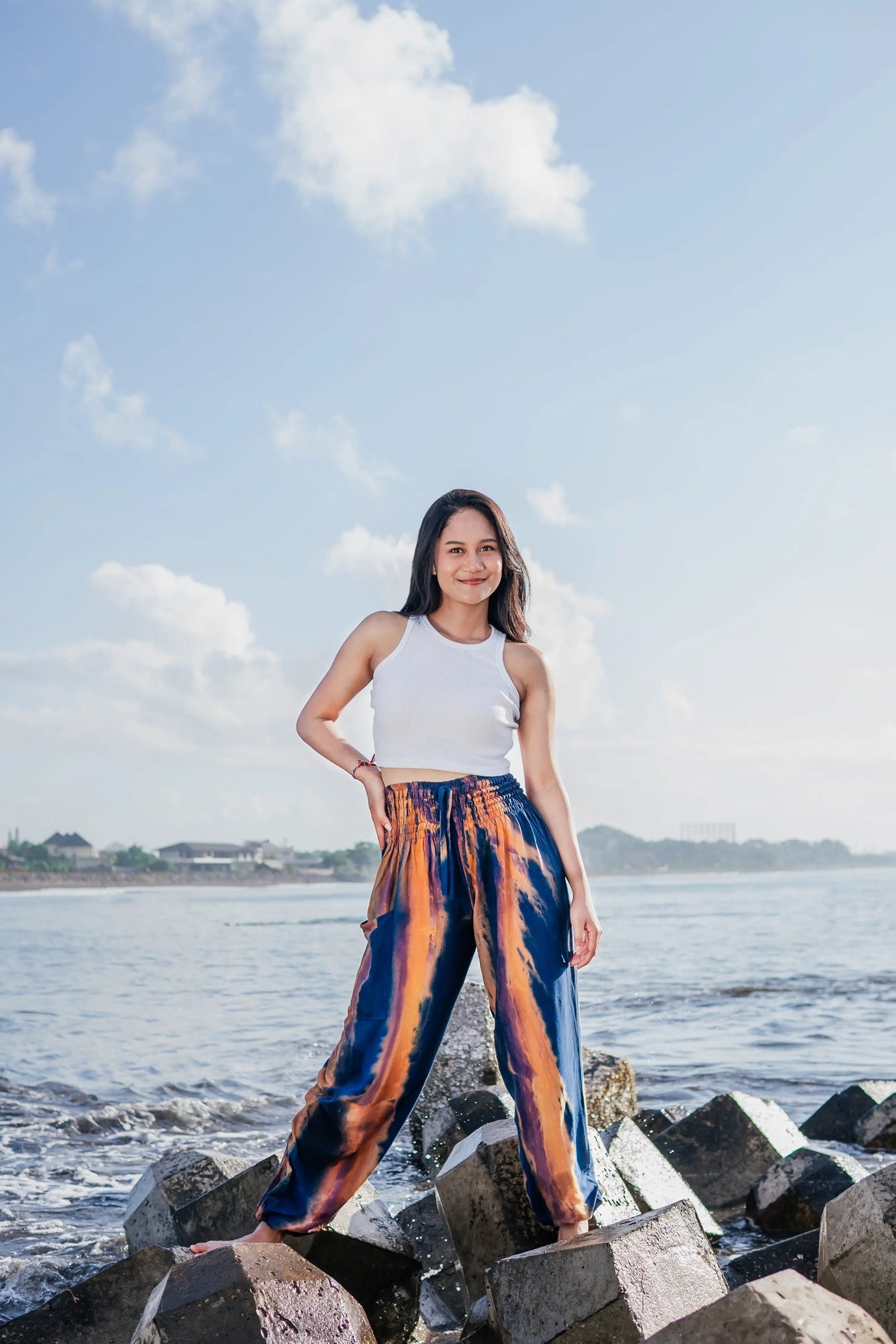 Navy gold tie dye pants by Suzie Blue Canada featuring abstract Bali style and comfortable, relaxed fit.