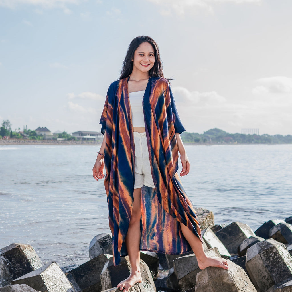 Navy and Gold Abstract Kimono - Stylish Long Tie Dye Cover-Up - Shopthatapp.ca