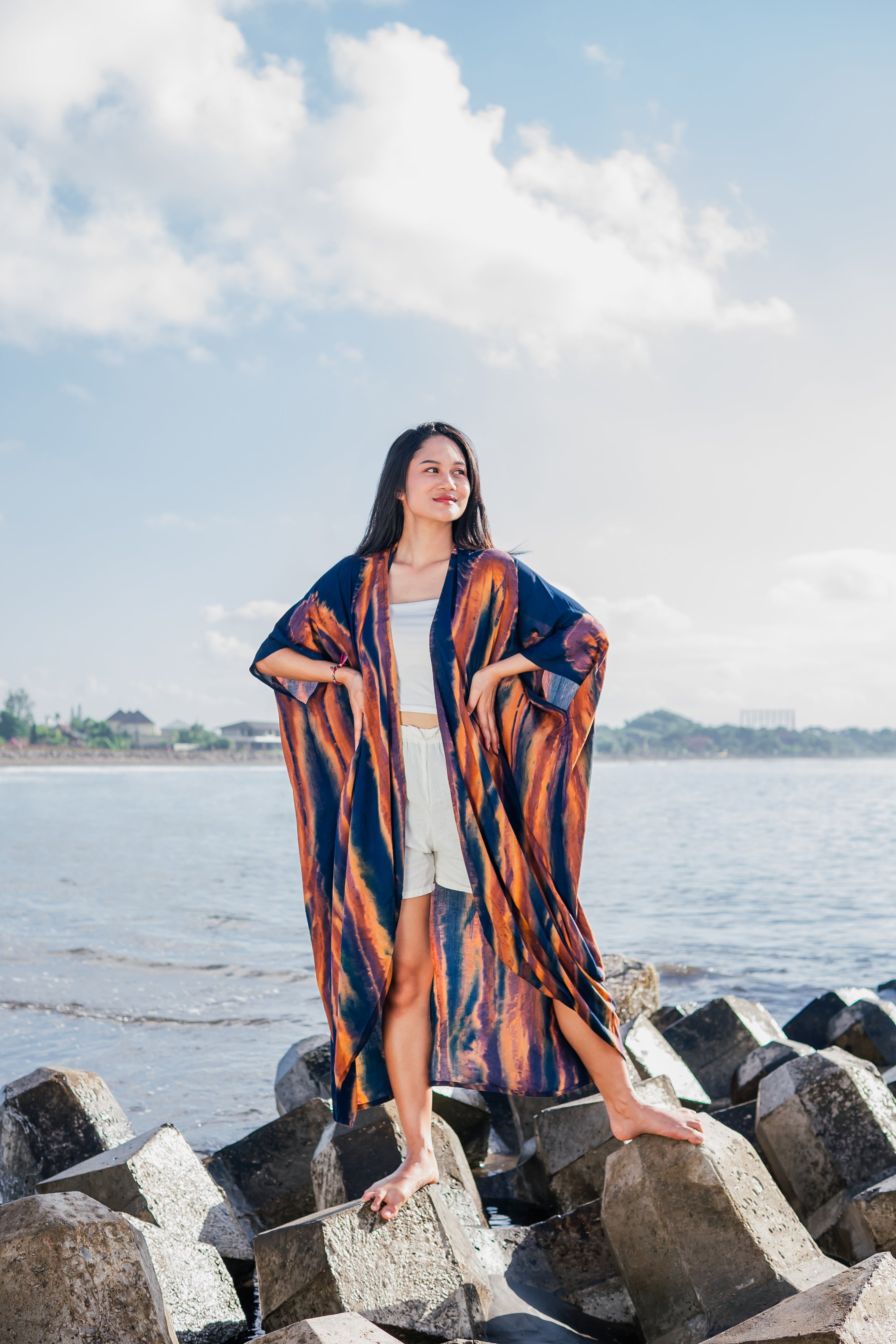 Navy and Gold Abstract Kimono - Stylish Long Tie Dye Cover-Up - Shopthatapp.ca