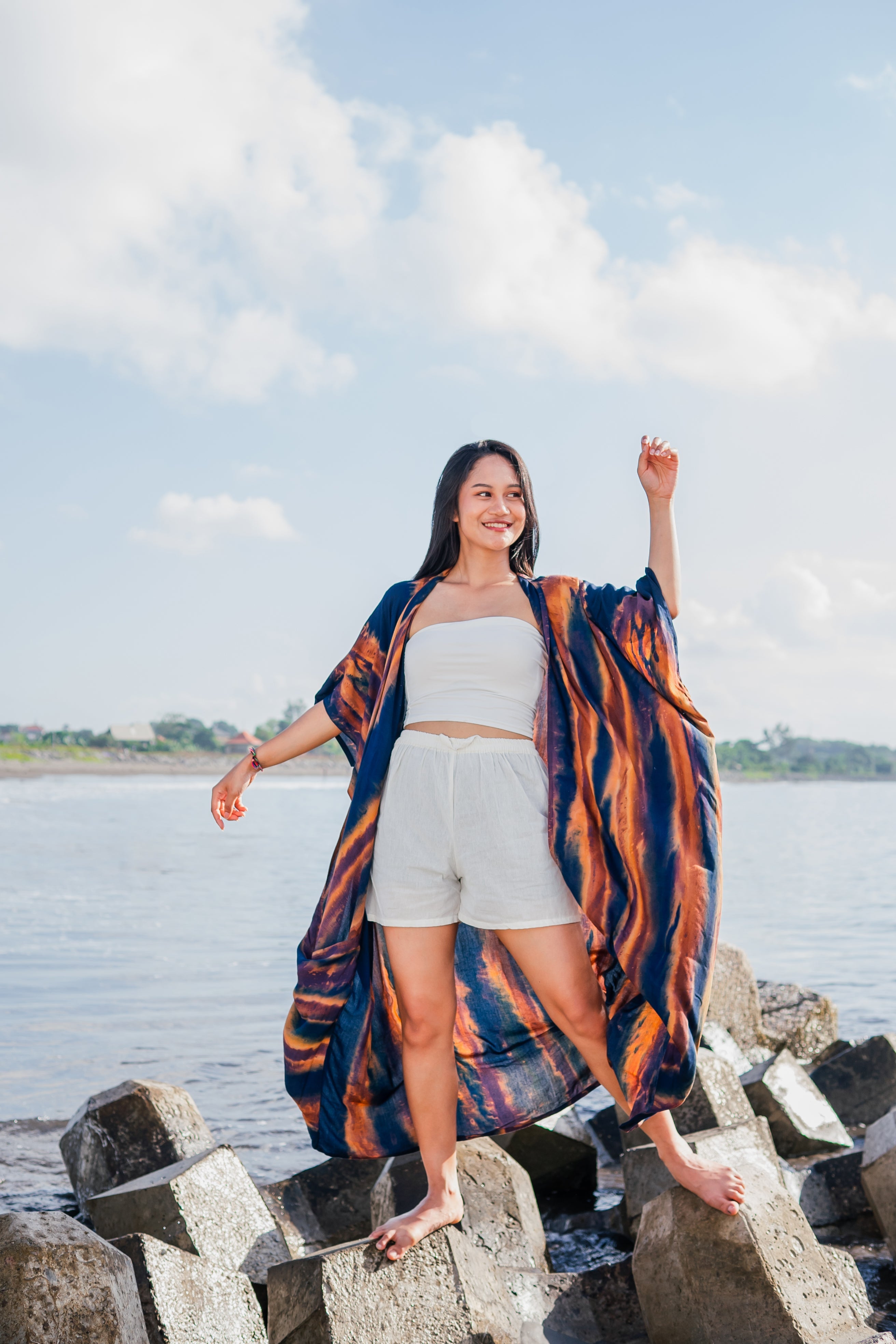 Navy and Gold Abstract Kimono - Stylish Long Tie Dye Cover-Up - Shopthatapp.ca