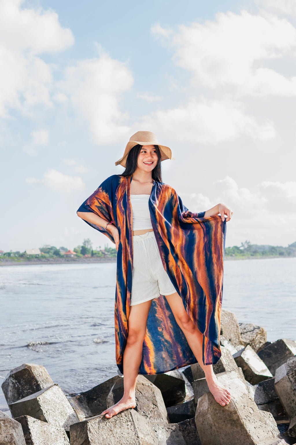 Navy and Gold Abstract Kimono - Stylish Long Tie Dye Cover-Up - Shopthatapp.ca