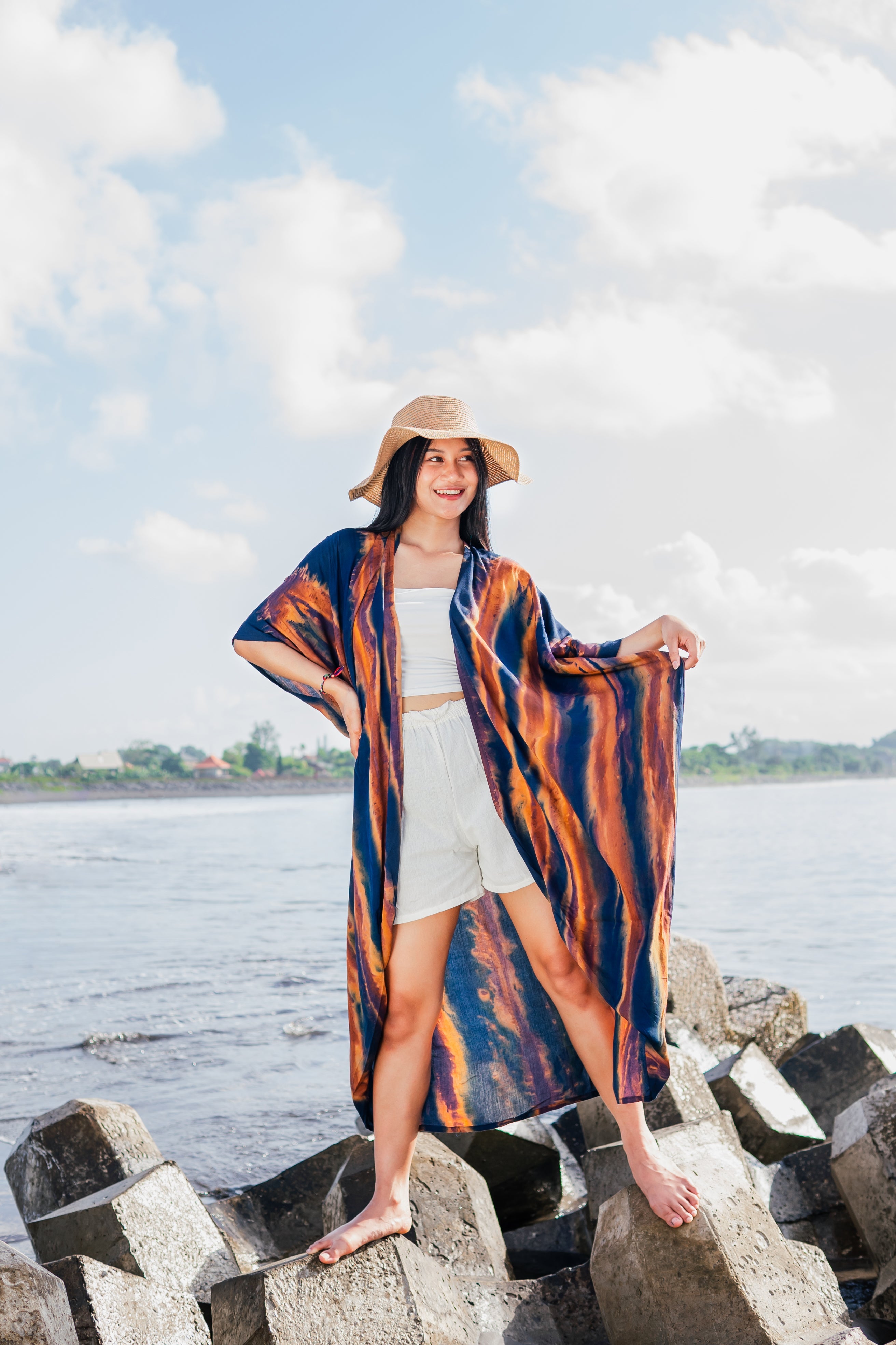 Navy and Gold Abstract Kimono - Stylish Long Tie Dye Cover-Up - Shopthatapp.ca
