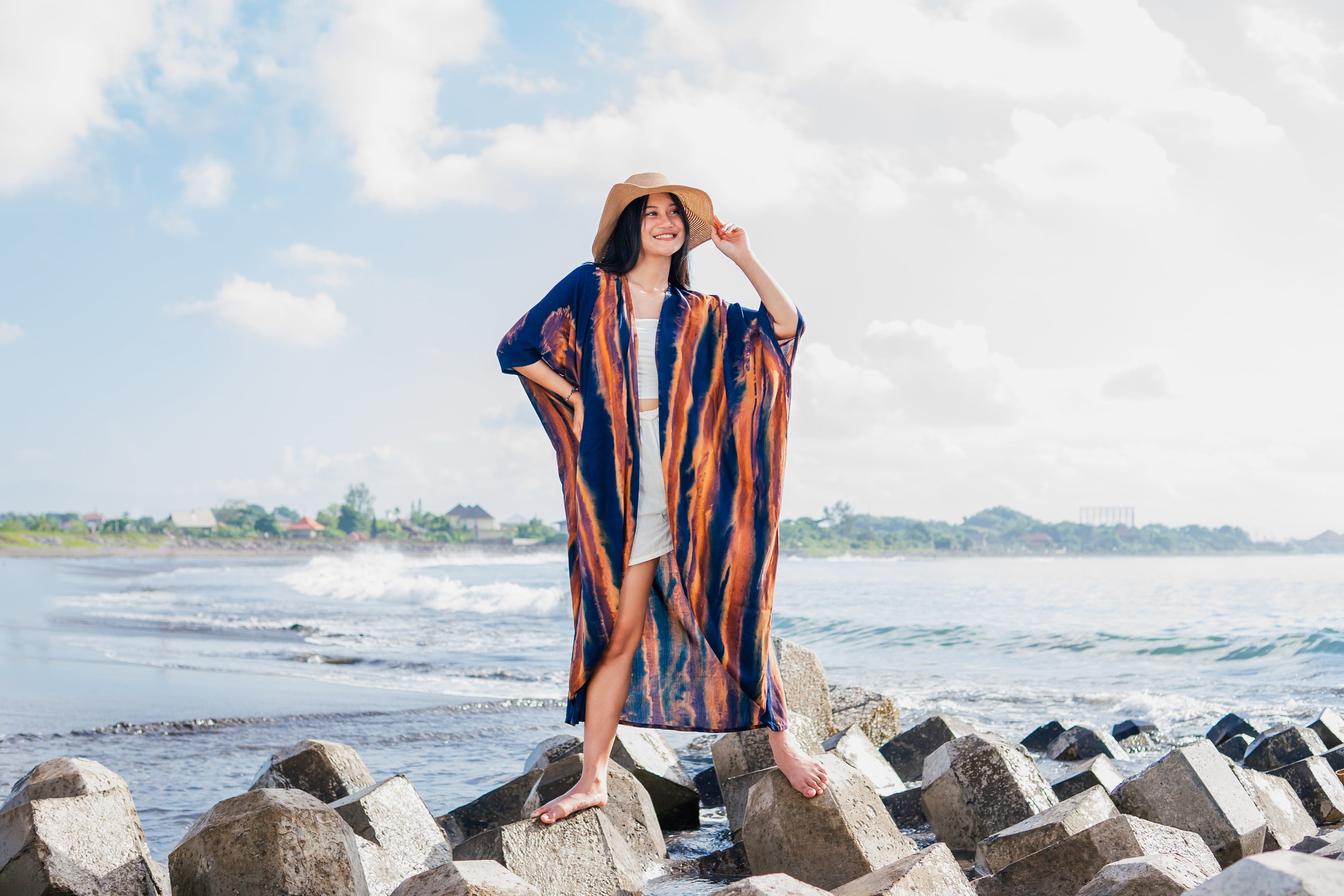 Navy and Gold Abstract Kimono - Stylish Long Tie Dye Cover-Up - Shopthatapp.ca