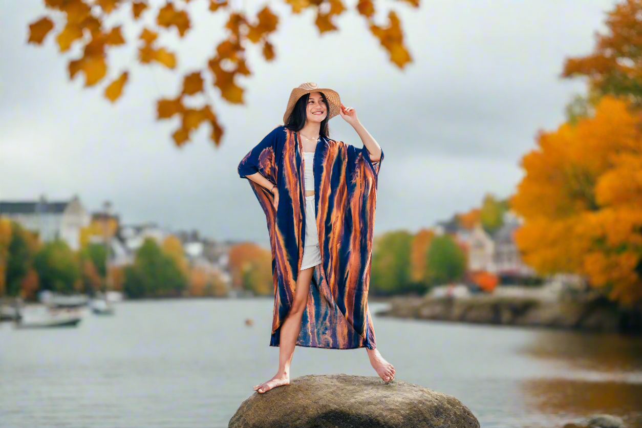 Navy and Gold Abstract Kimono - Stylish Long Tie Dye Cover-Up - Shopthatapp.ca