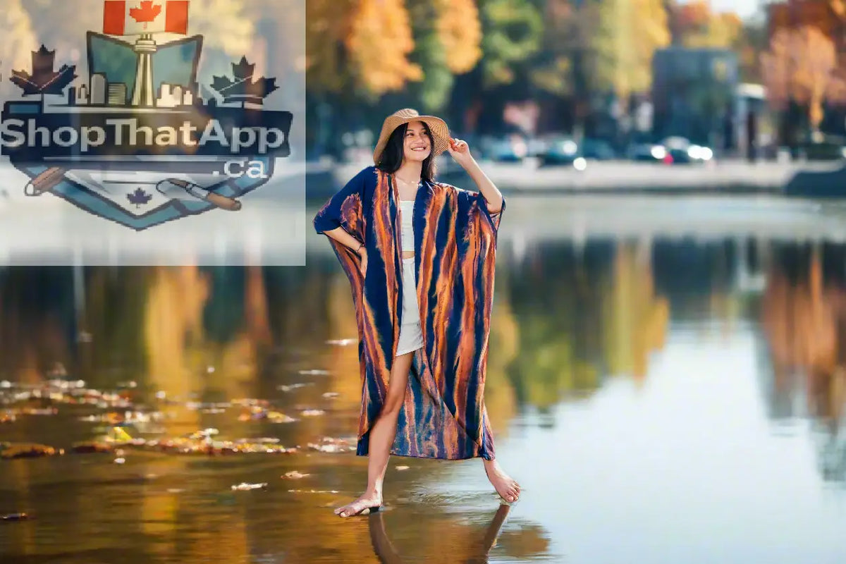 Navy and gold abstract kimono by Suzie Blue Canada, stylish long tie-dye cover-up with flowing fabric pattern.