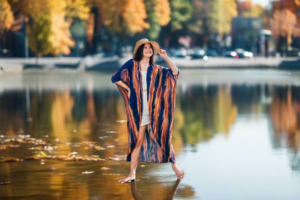 Navy and Gold Abstract Kimono - Stylish Long Tie Dye Cover-Up - Shopthatapp.ca