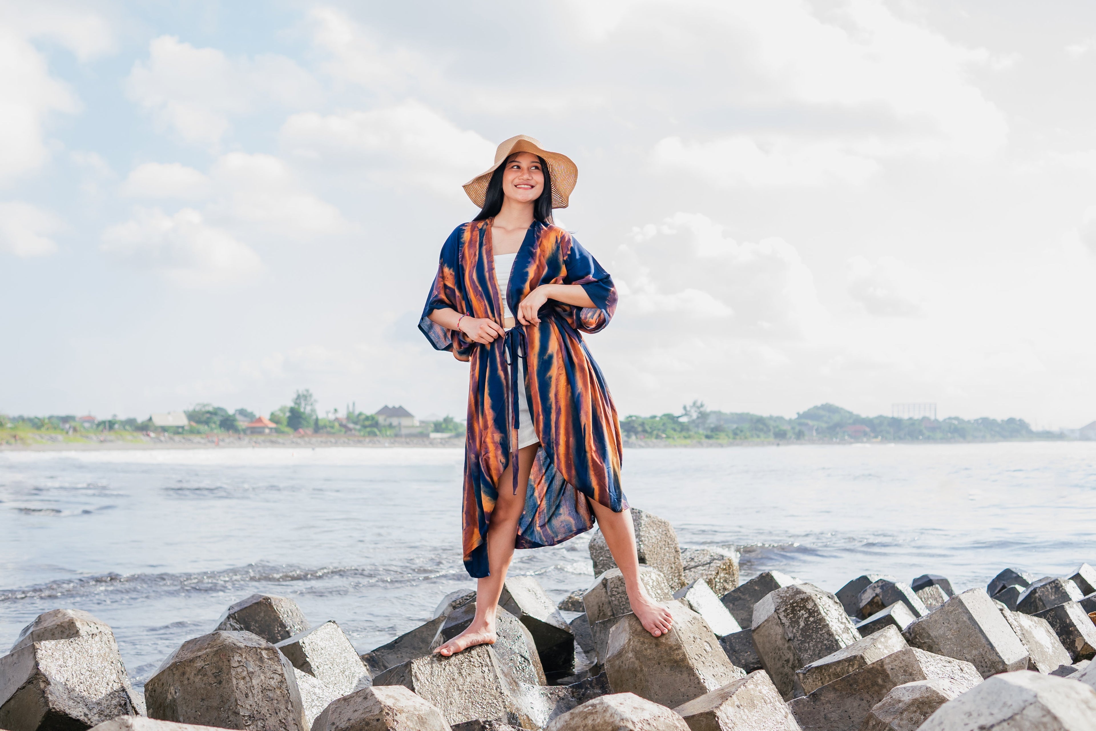 Navy and Gold Abstract Kimono - Stylish Long Tie Dye Cover-Up - Shopthatapp.ca