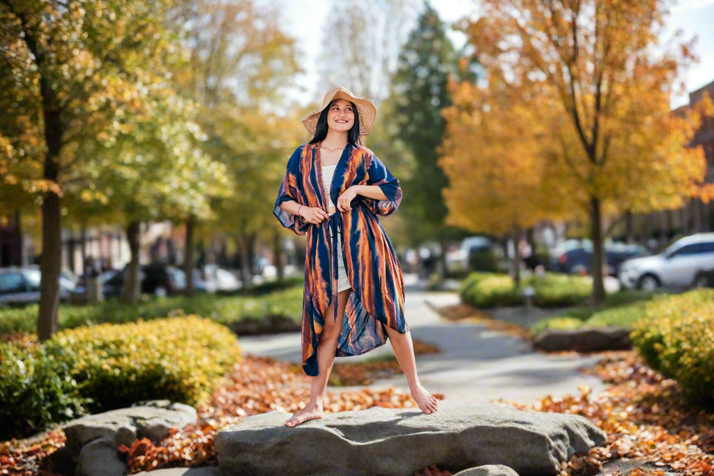 Navy and Gold Abstract Kimono - Stylish Long Tie Dye Cover-Up - Shopthatapp.ca