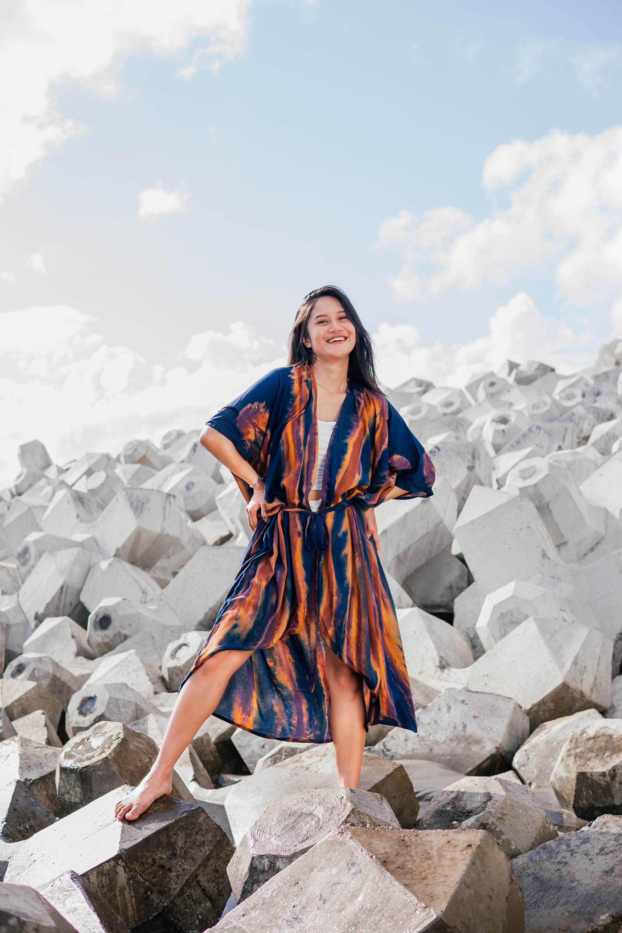 Navy and Gold Abstract Kimono - Stylish Long Tie Dye Cover-Up - Shopthatapp.ca