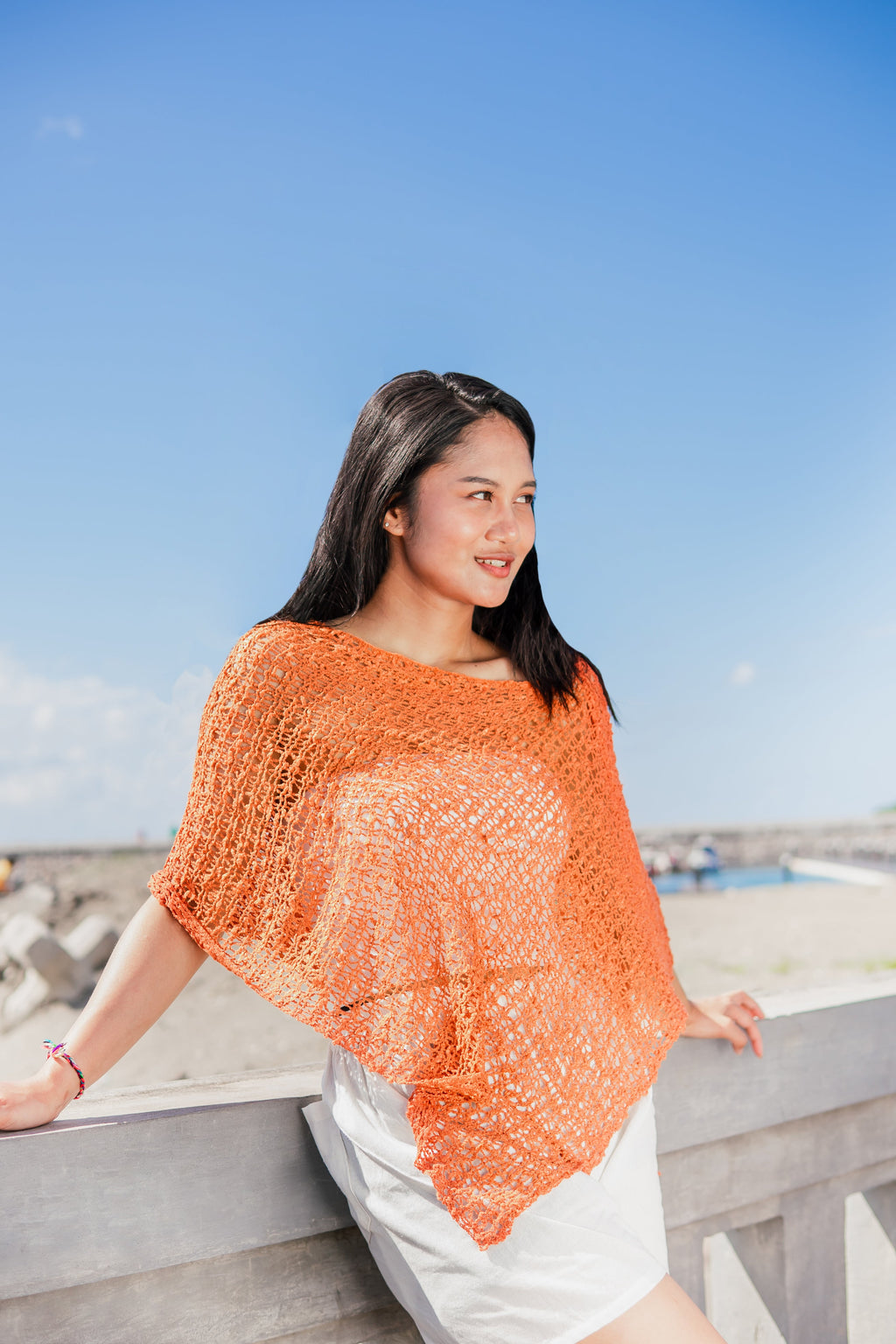 Short Popcorn Knit Poncho - Orange - Shopthatapp.ca