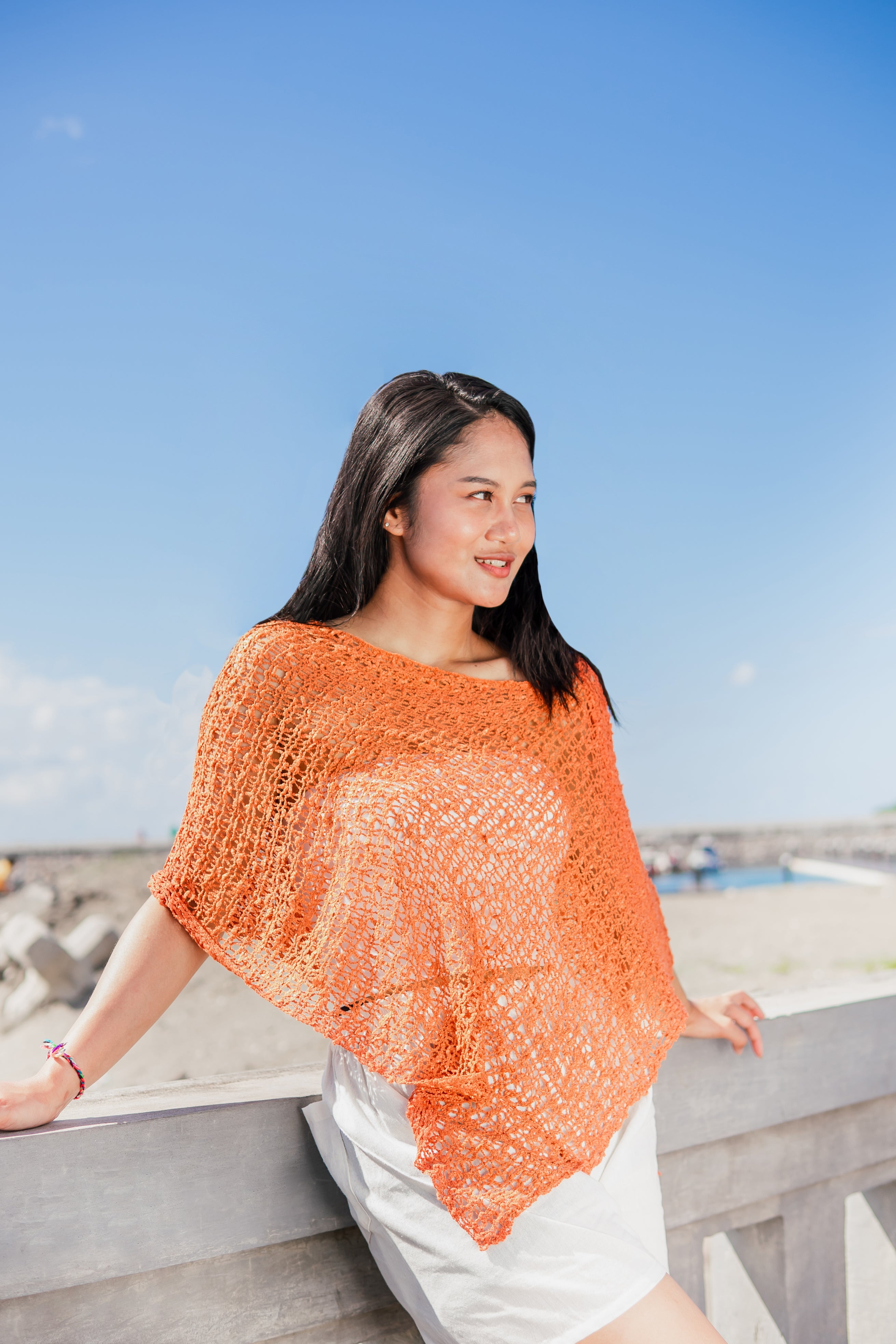 Short Popcorn Knit Poncho - Orange - Shopthatapp.ca