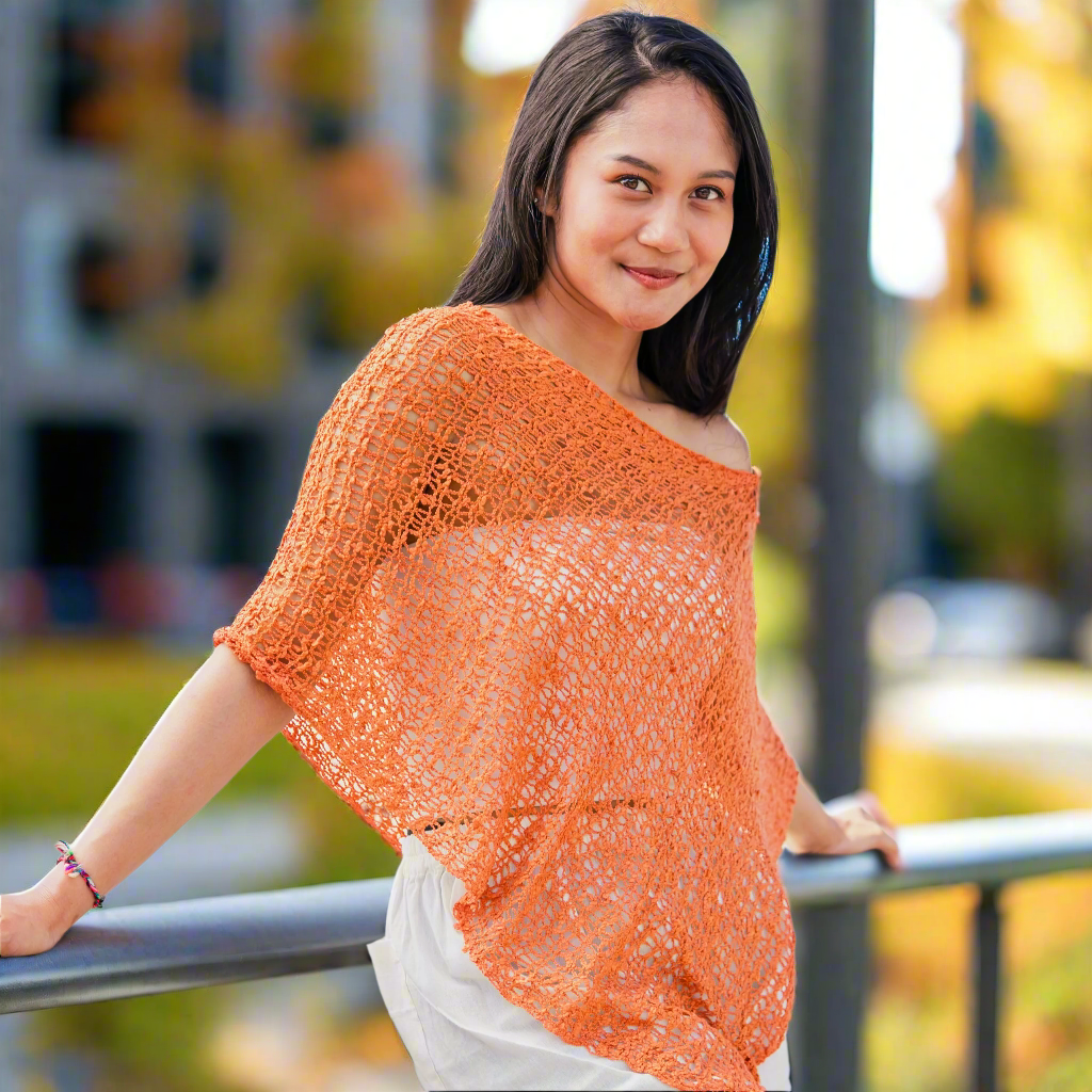 Short Popcorn Knit Poncho - Orange - Shopthatapp.ca