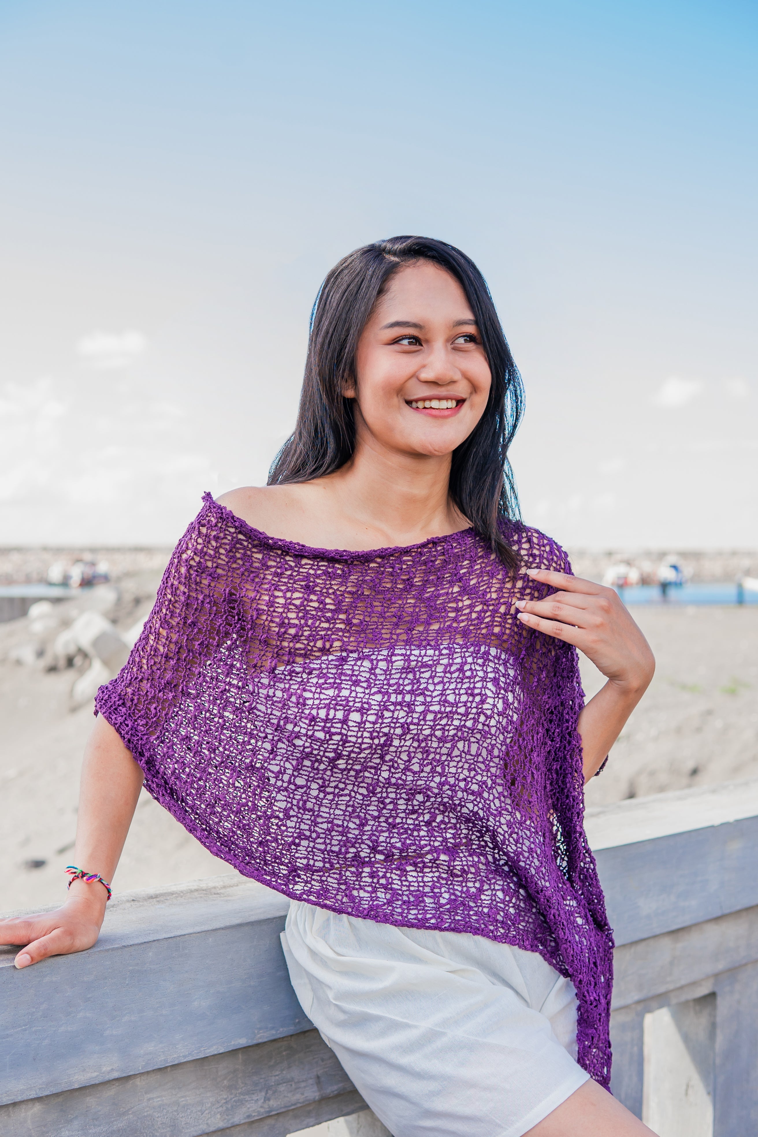 Short Purple Popcorn Knit Poncho - Cozy and Stylish - Shopthatapp.ca