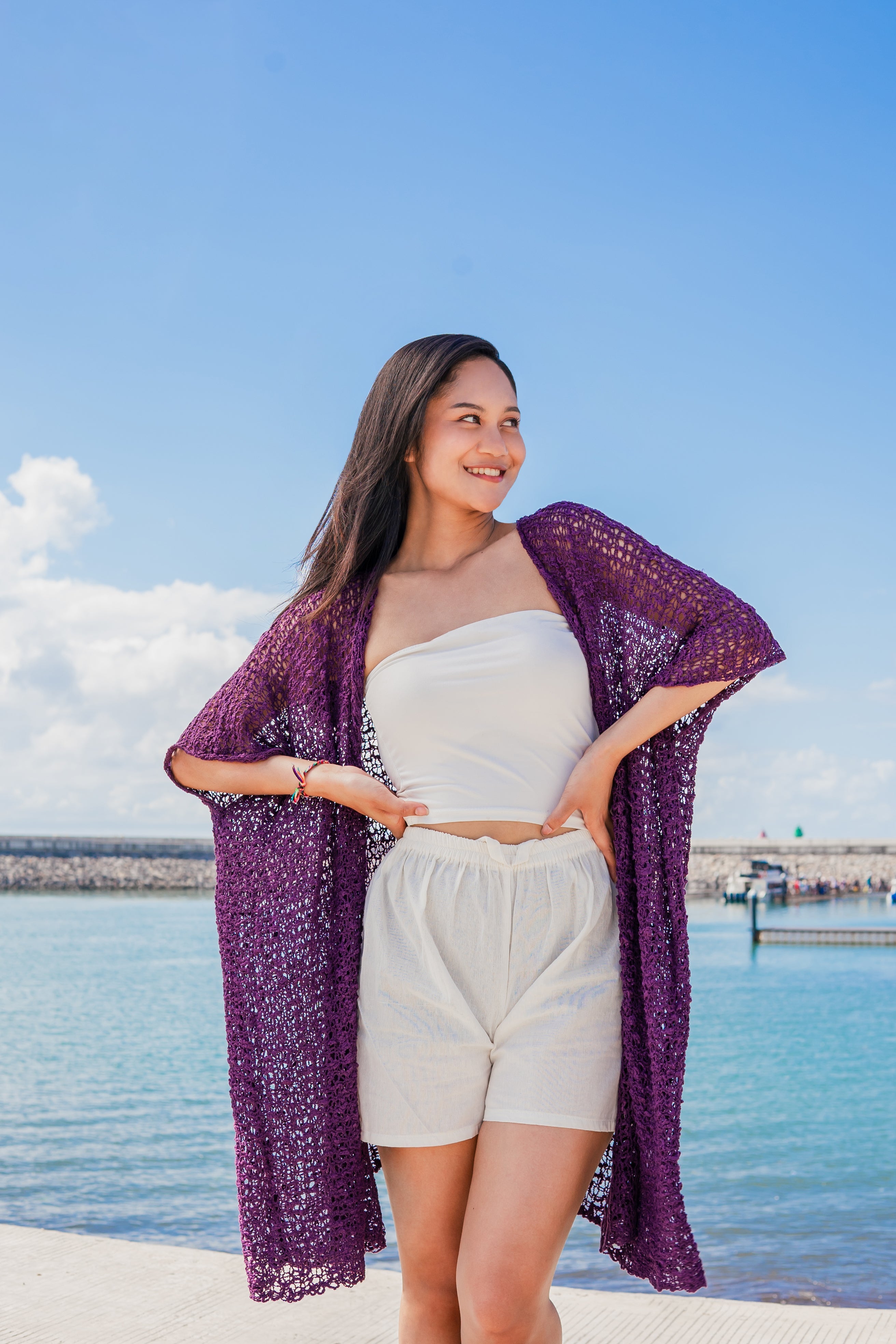 Mid Length Purple Kimono - Stylish Popcorn Knit Design - Shopthatapp.ca