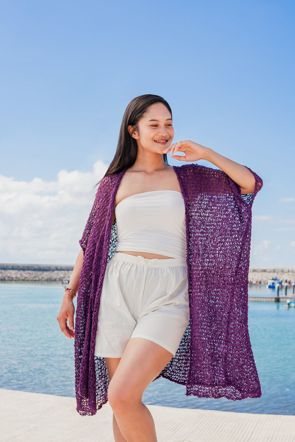 Mid Length Purple Kimono - Stylish Popcorn Knit Design - Shopthatapp.ca